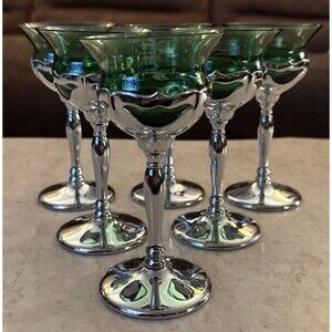 Farber Bros Krome Craft 1950s Art Deco Set6 Liquor Sherry Glasses Emerald Chrome